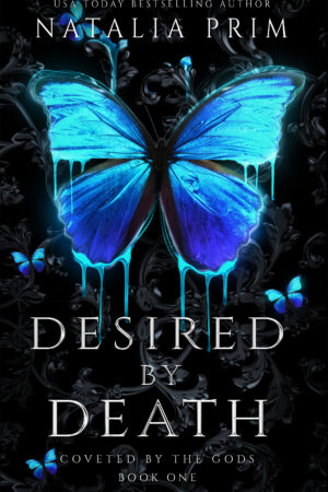 Book cover for Desired By Death, black overall with a bright blue butterfly in the center, dripping with icy magic